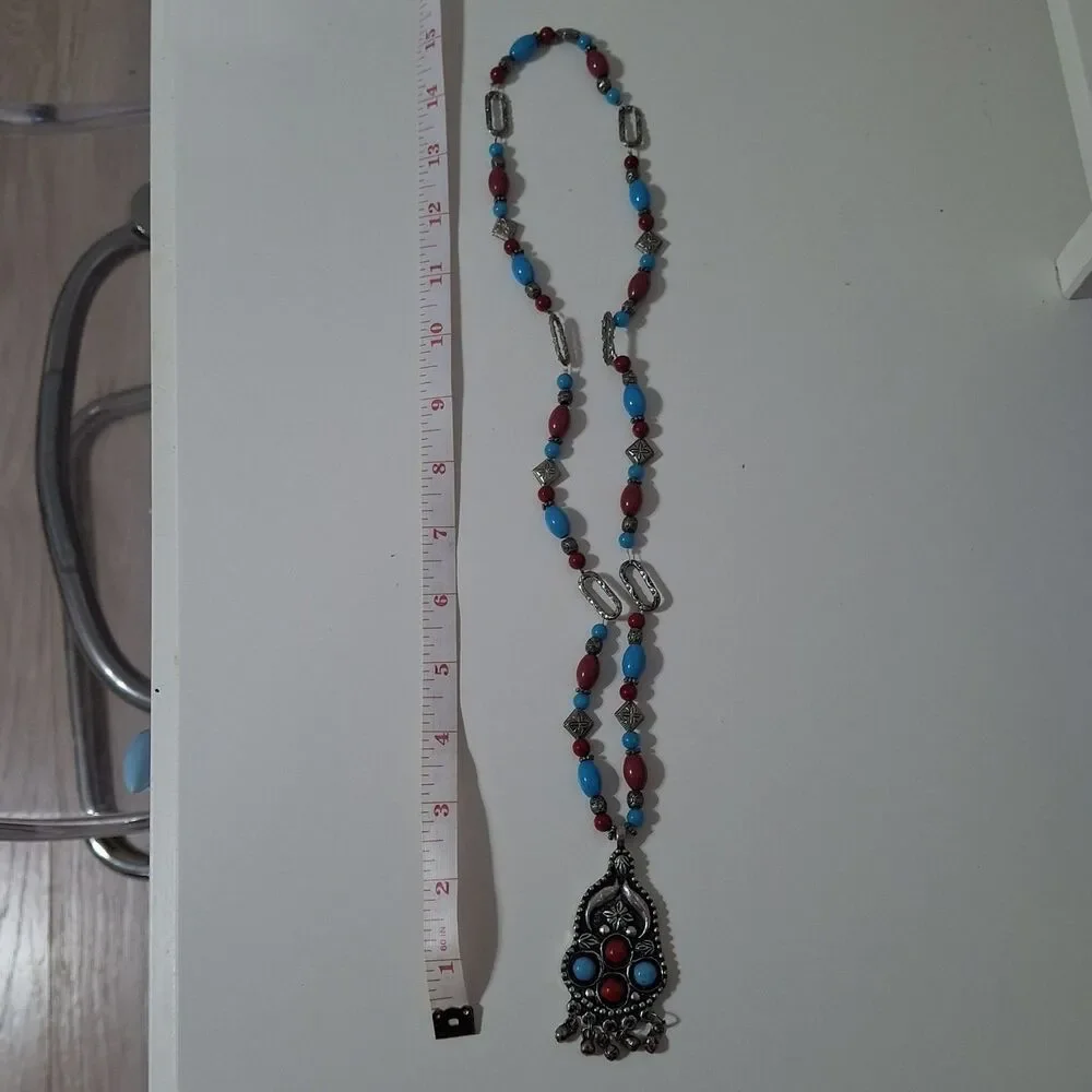 Bohemian Tribal Blue Red Silver Tone Dangling Round Beaded Chain Necklace